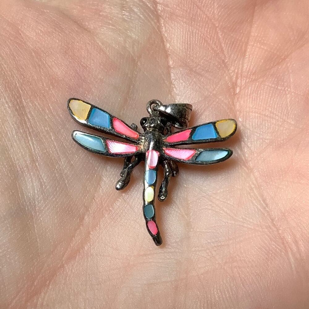 Vintage 925 Sterling Silver Enamel Inlay Dragonfly Charm Pendant Whimsy F15-42